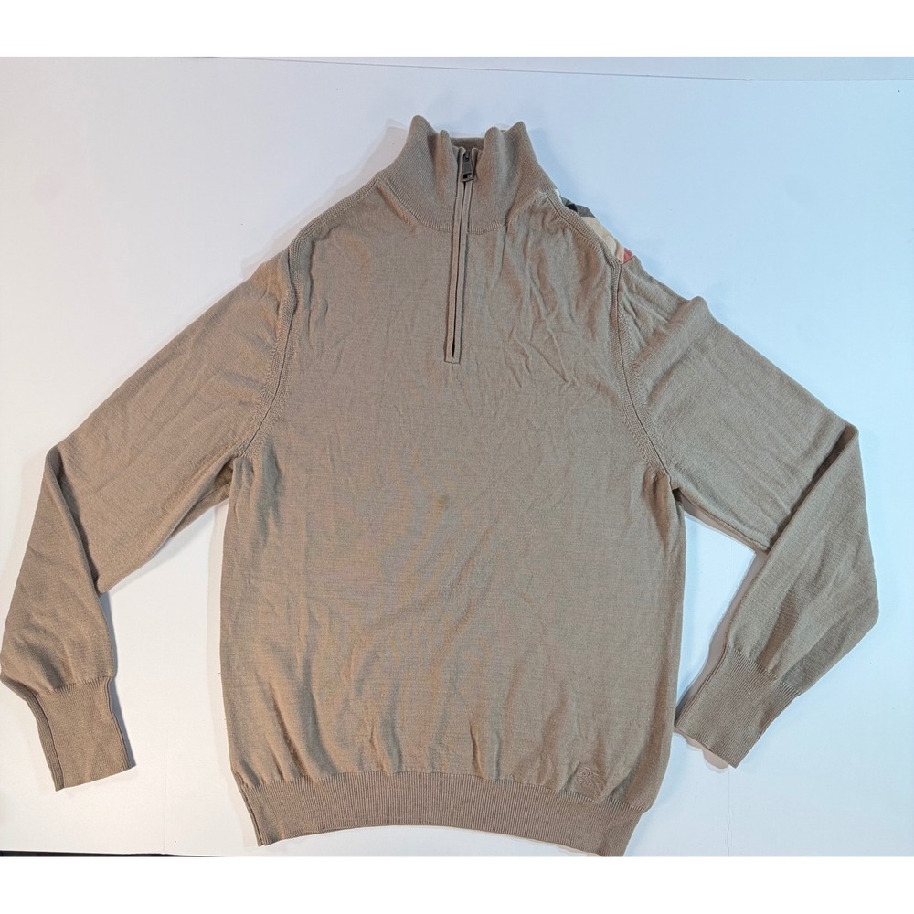 Burberry Brit Mens Tan 100% Wool Quarter Zip Nova Check Sweater Large